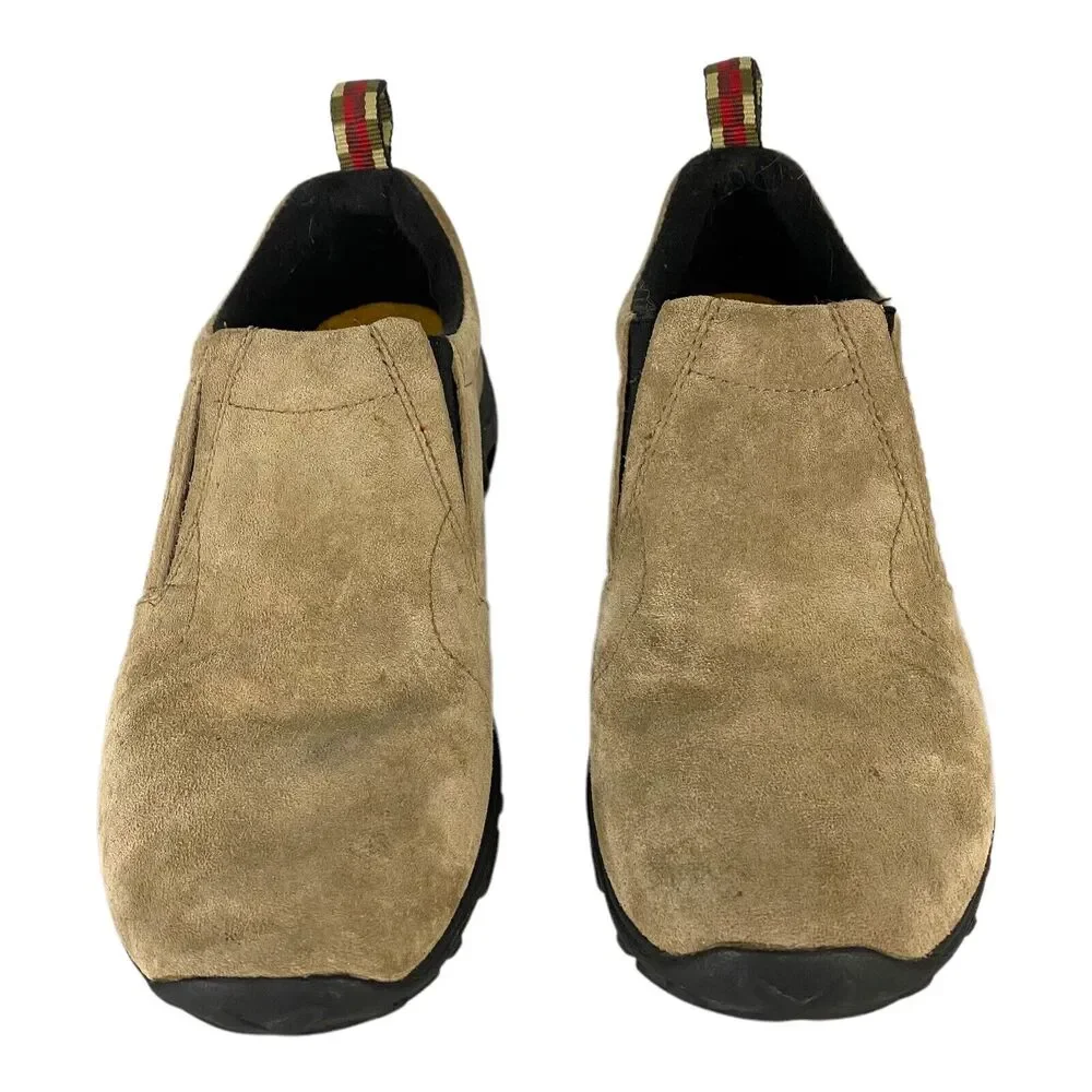 Merrell Kids Tan Suede Slip-On Moccasins with Black Trim and Heel Tabs